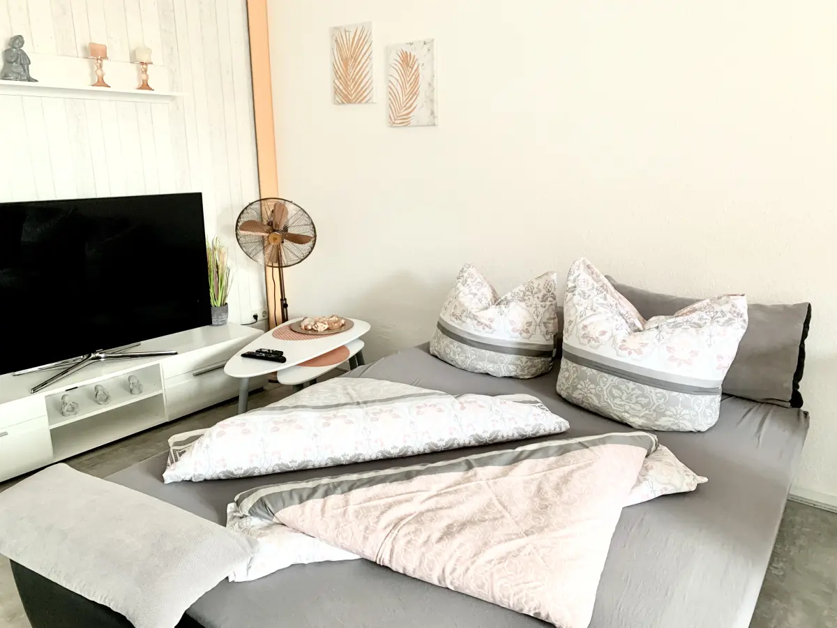 Ferienwohnung-Cottbus-apricot-apartment-wohnzimmer-schlafcouch-ausgeklappt