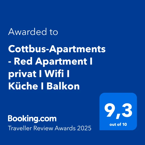 Booking.com Traveller Review Award 2025 mit 9,3 von 10 für das Red Apartment von Cottbus-Apartments